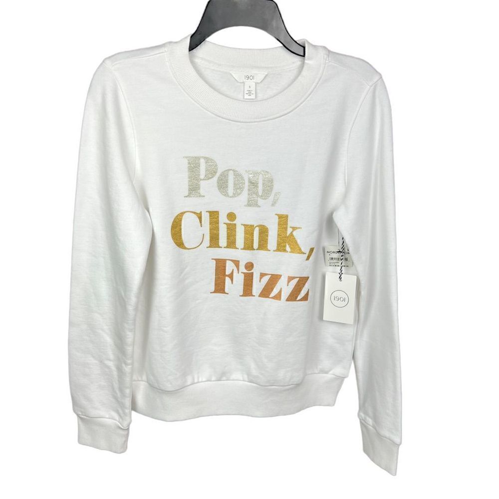 1901 Sweatshirt White New Years Glitter Pop Clink Fizz Silver Gold Bronze Small